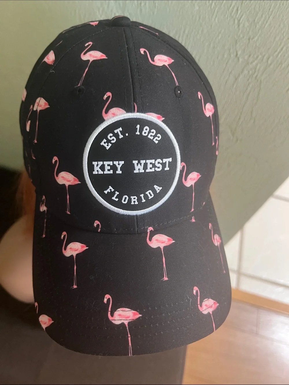#2646**Unisex’s Key West Florida Black Baseball Cap with Pink Flamingo Print